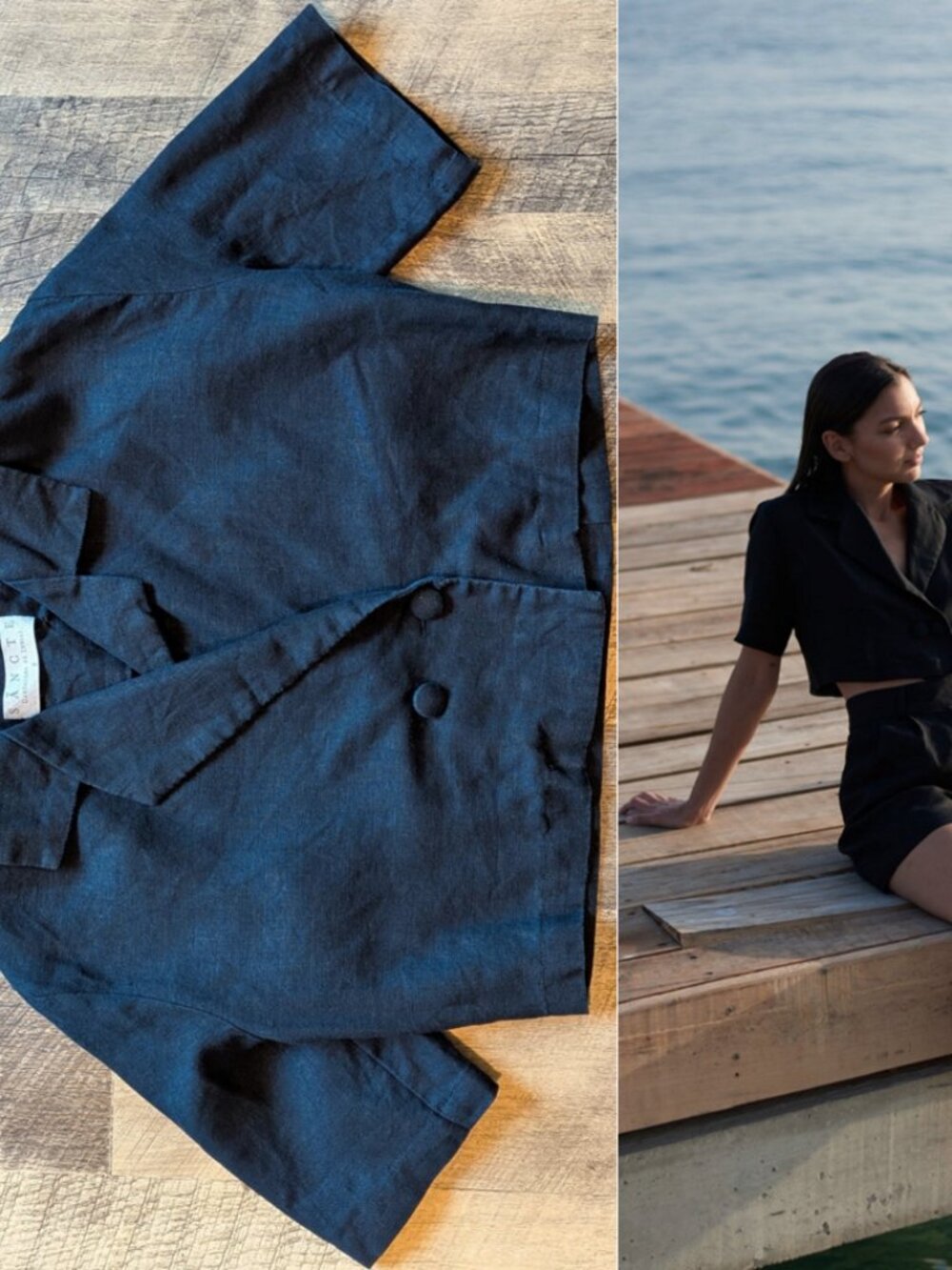 Sancte Cropped Blazer Short Sleeves Black Linen Macavi Small